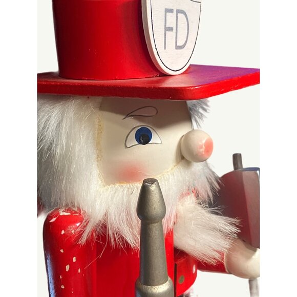 Vintage Wooden Firefighter Nutcracker Holding  Fire Hose and Accessories - Picture 8 of 12